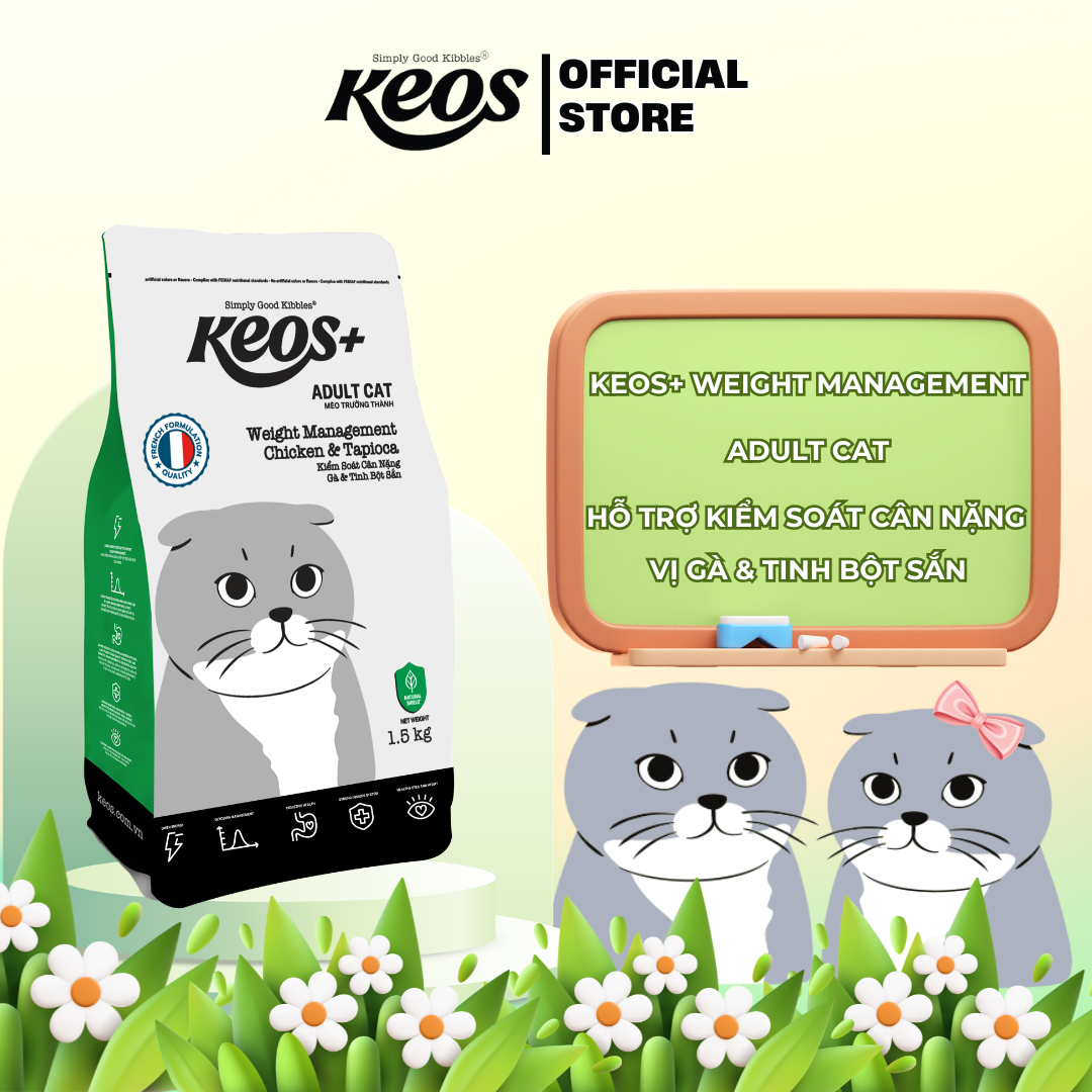  Thức ăn hạt cho mèo trưởng thành Keos+ Adult Cat Weight management vị Gà & Tapioca, hỗ trợ kiểm soát cân nặng 