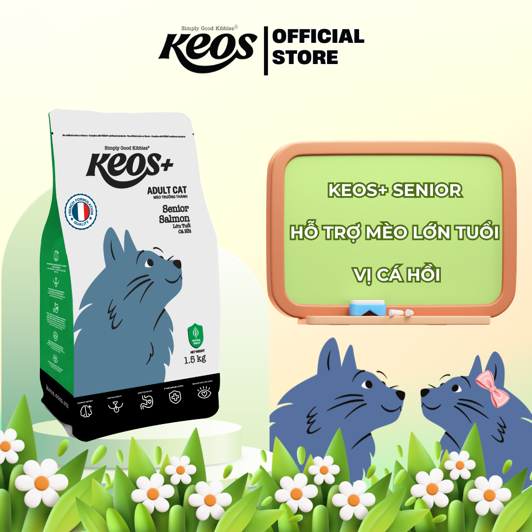  Thức ăn hạt cho mèo lớn tuổi Keos+ Adult Cat Senior vị Cá Hồi, hỗ trợ nhận thức, tiêu hóa và mắt tim khỏe mạnh 