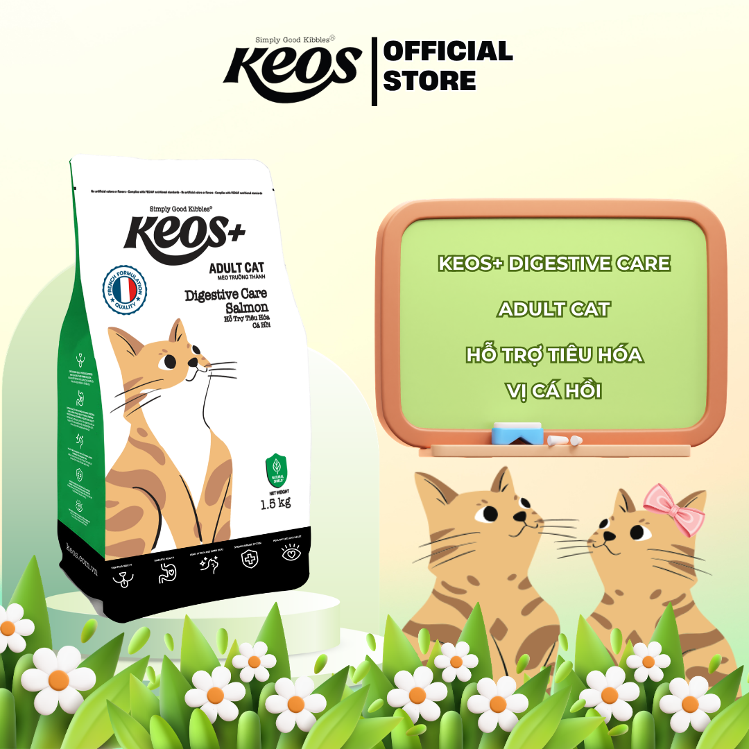  Thức ăn hạt cho mèo trưởng thành Keos+ Adult Cat Digestive care vị Cá Hồi, hỗ trợ tiêu hóa, miễn dịch và mắt tim khỏe mạnh 
