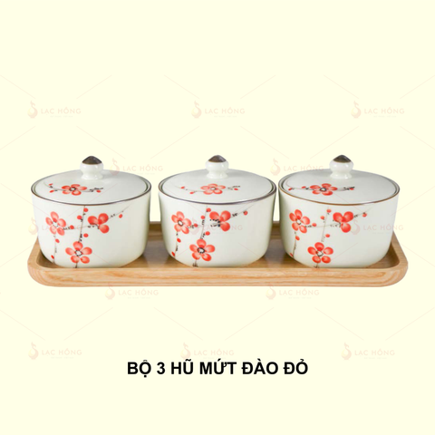  Bộ 3 Hũ Mứt Hoa Đào Đỏ 