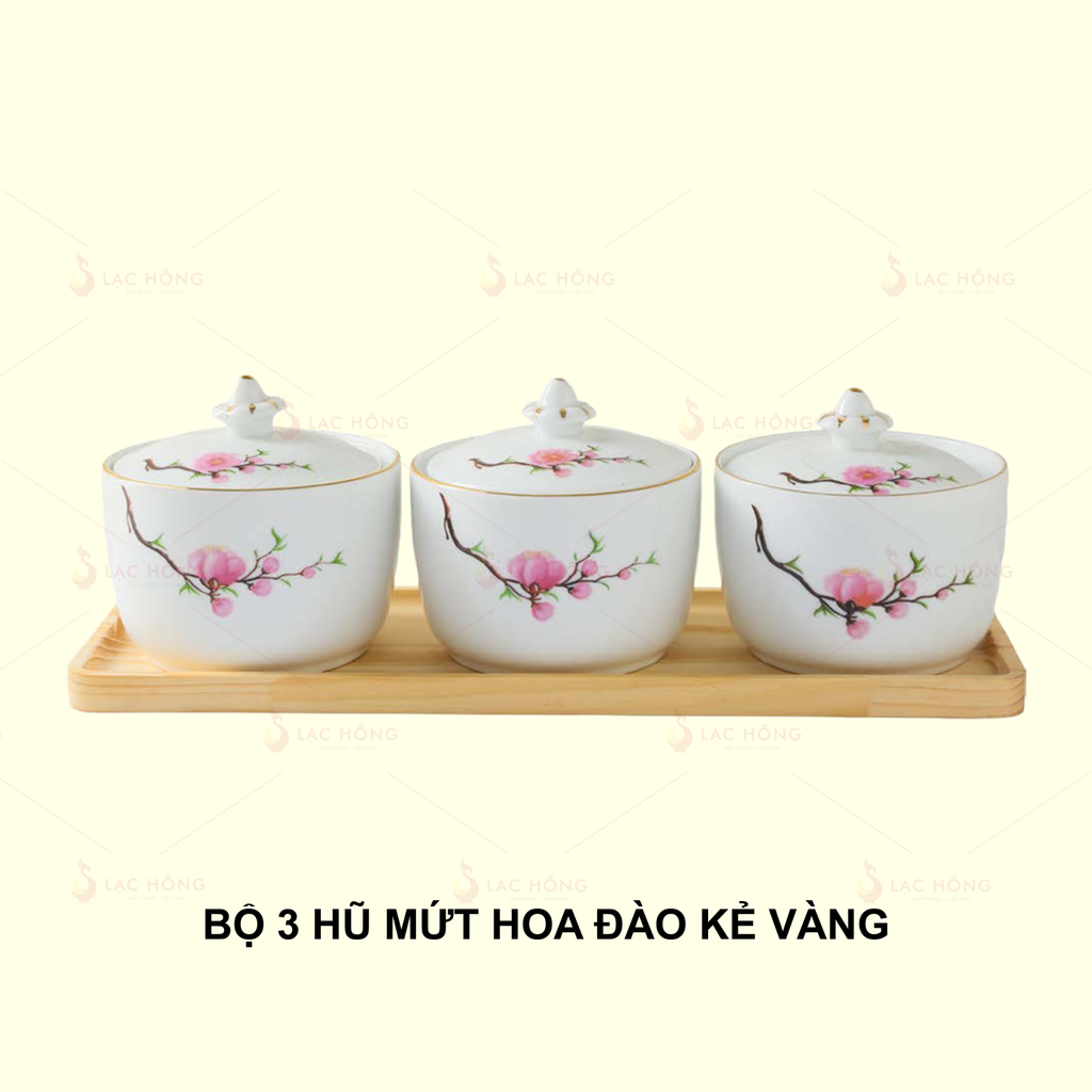 Bộ 3 Hũ Mứt Hoa Đào Kẻ Vàng