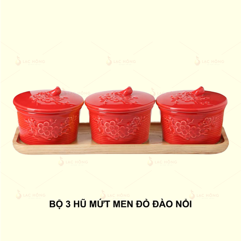  Bộ 3 Hũ Mứt Men Đỏ Hoa Đào Đắp Nổi 