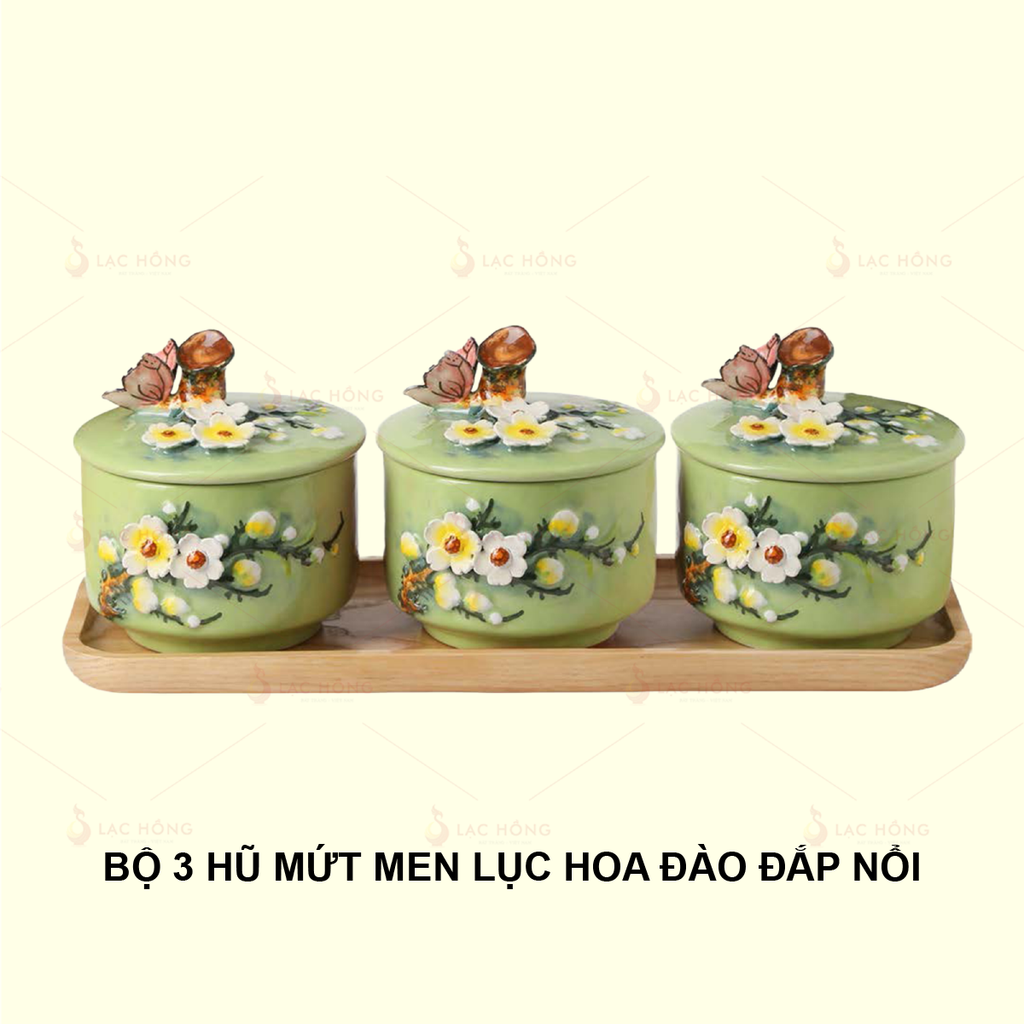 Bộ 3 Hũ Mứt Men Lục Hoa Đào Trắng Đắp Nổi