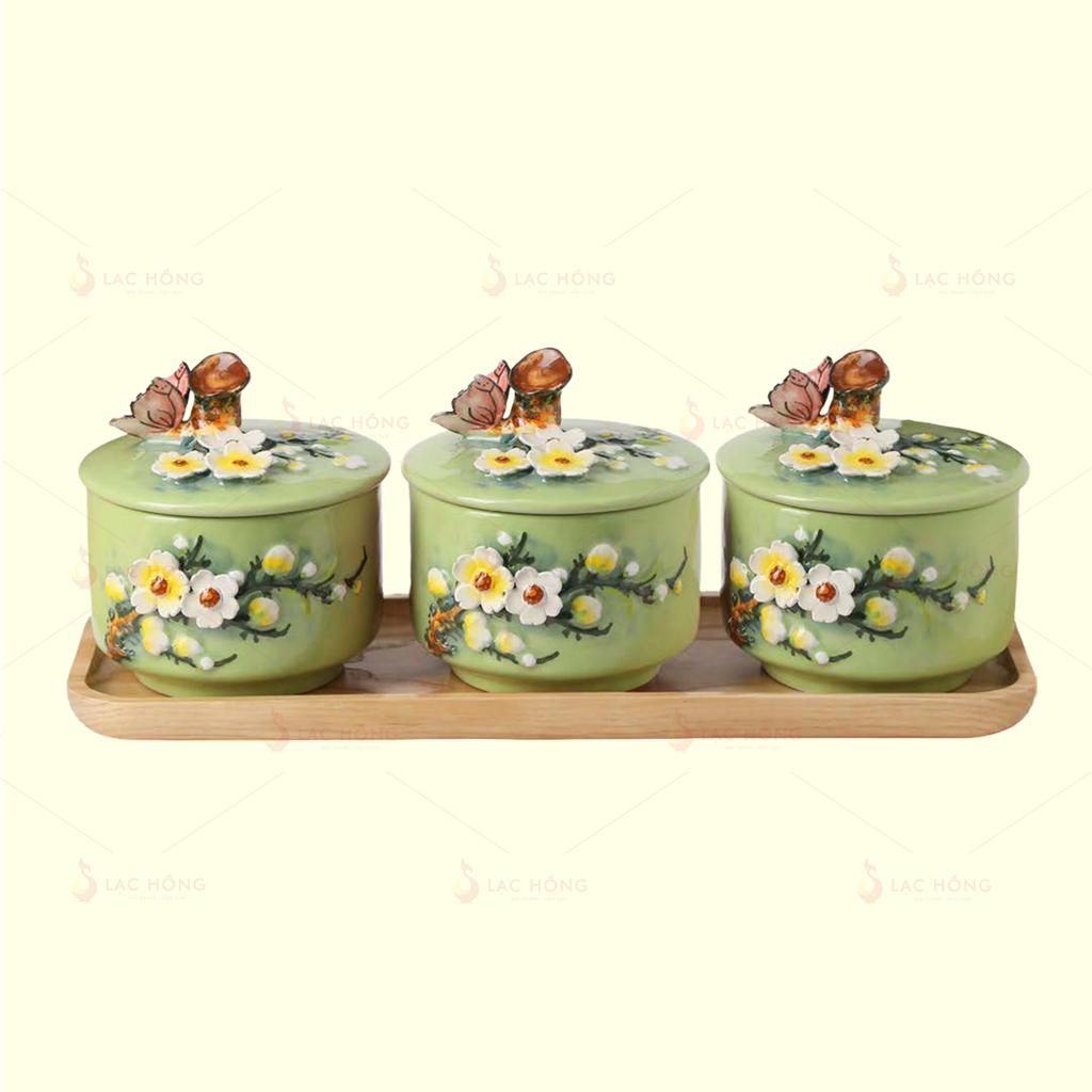 Bộ 3 Hũ Mứt Men Lục Hoa Đào Trắng Đắp Nổi