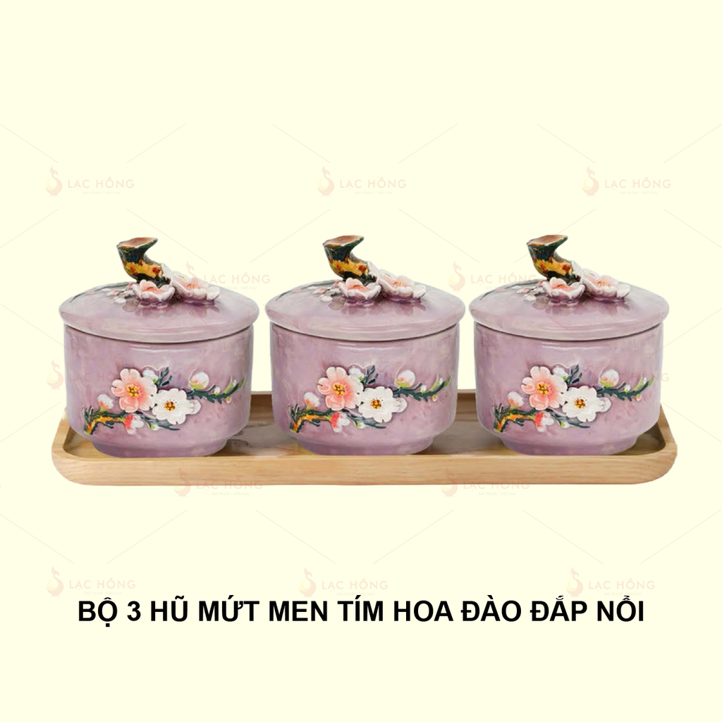 Bộ 3 Hũ Mứt Men Tím Hoa Đào Trắng Đắp Nổi