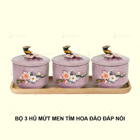  Bộ 3 Hũ Mứt Men Tím Hoa Đào Trắng Đắp Nổi 