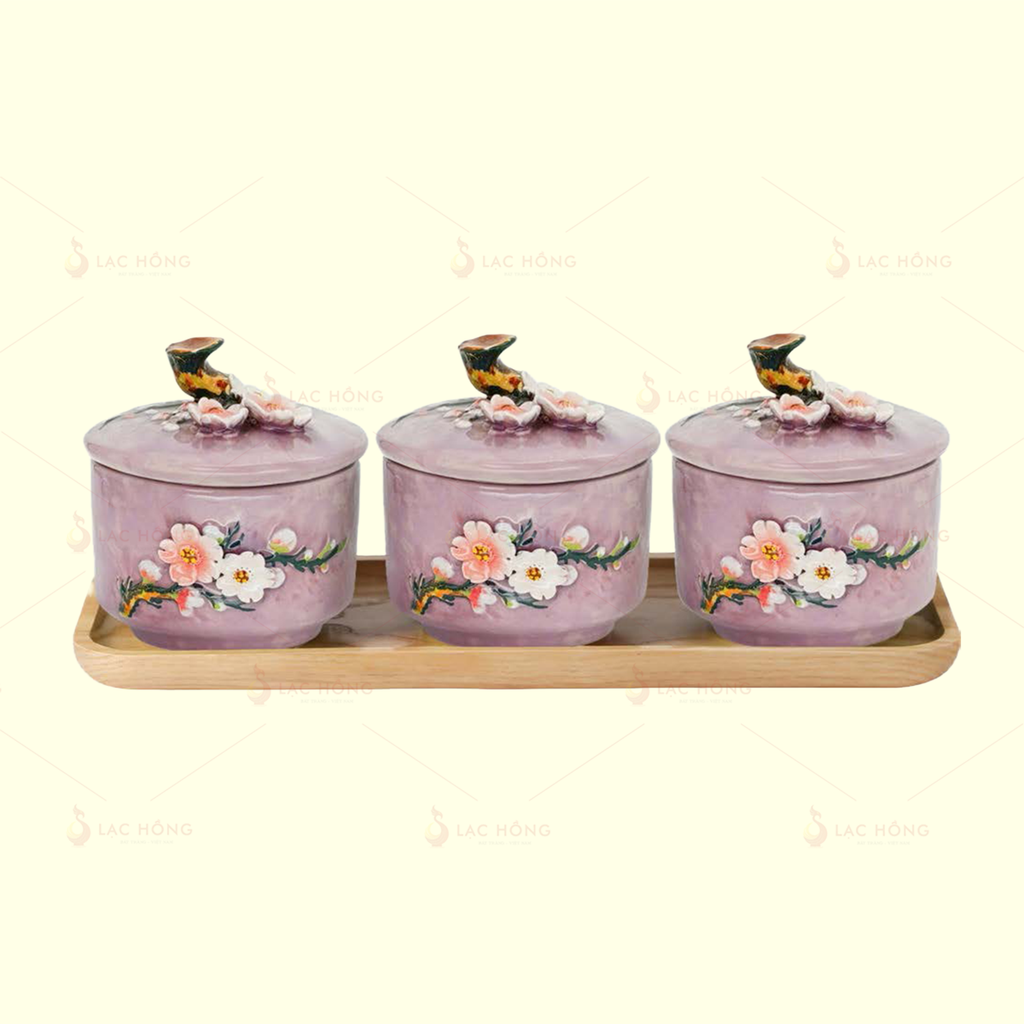 Bộ 3 Hũ Mứt Men Tím Hoa Đào Trắng Đắp Nổi