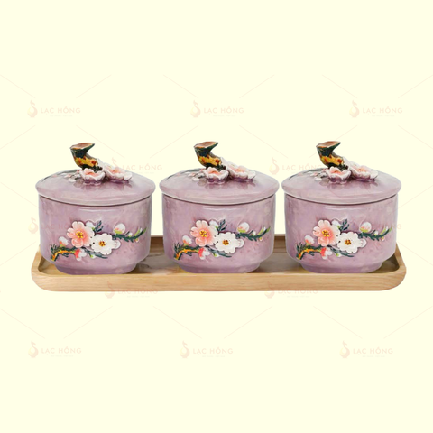  Bộ 3 Hũ Mứt Men Tím Hoa Đào Trắng Đắp Nổi 