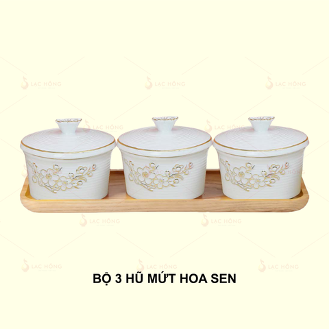  Bộ 3 Hũ Mứt Men Trắng Hoa Đào Đắp Nổi Vẽ Vàng 