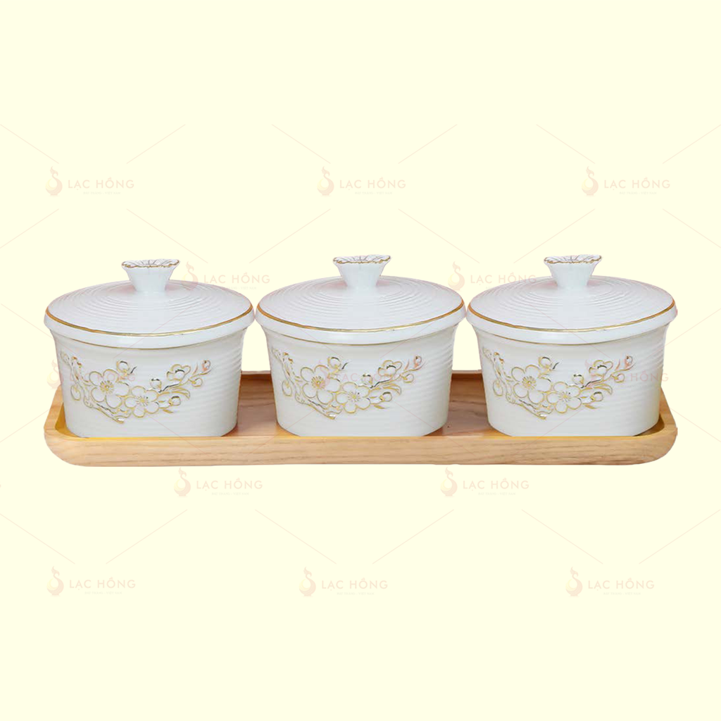 Bộ 3 Hũ Mứt Men Trắng Hoa Đào Đắp Nổi Vẽ Vàng