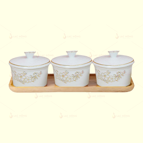  Bộ 3 Hũ Mứt Men Trắng Hoa Đào Đắp Nổi Vẽ Vàng 