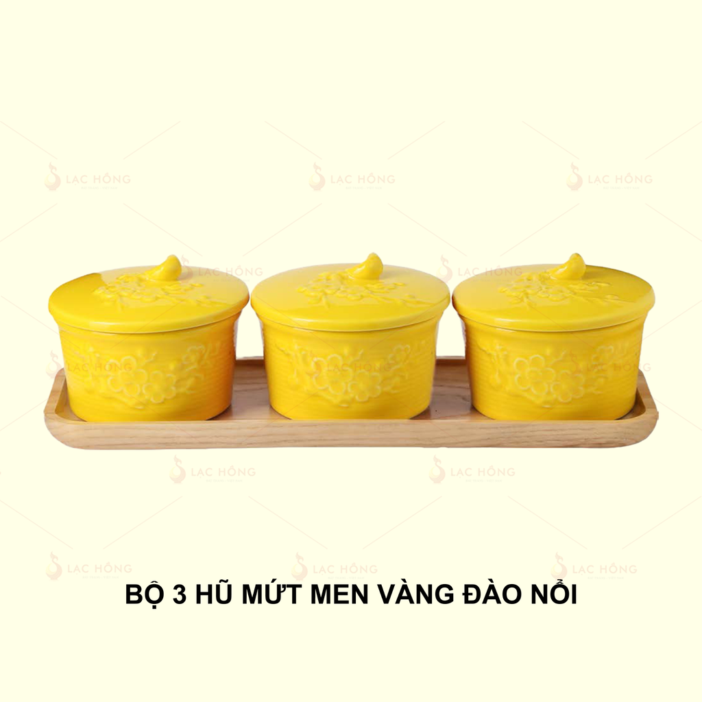 Bộ 3 Hũ Mứt Men Vàng Hoa Đào Đắp Nổi