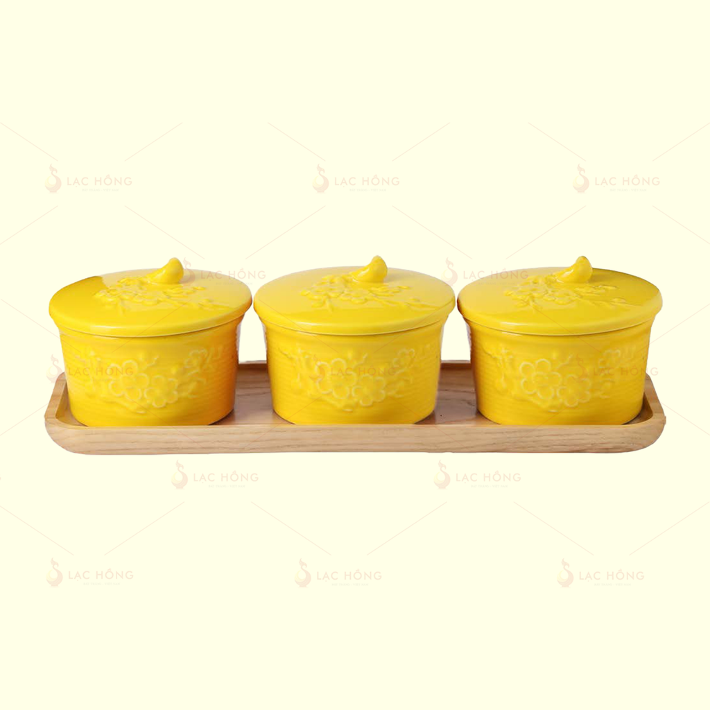 Bộ 3 Hũ Mứt Men Vàng Hoa Đào Đắp Nổi