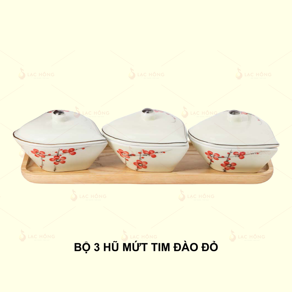 Bộ 3 Hũ Mứt Tim Hoa Đào Đỏ