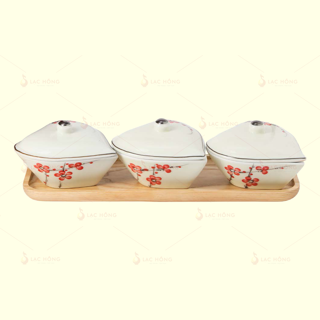 Bộ 3 Hũ Mứt Tim Hoa Đào Đỏ