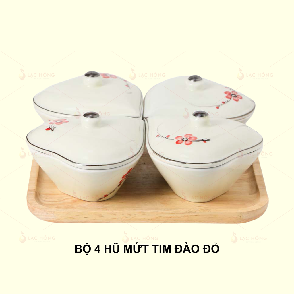 Bộ 4 Hũ Mứt Tim Hoa Đào Đỏ