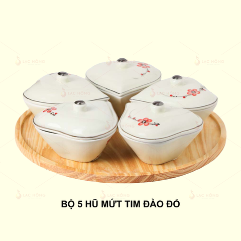  Bộ 5 Hũ Mứt Tim Hoa Đào Đỏ 