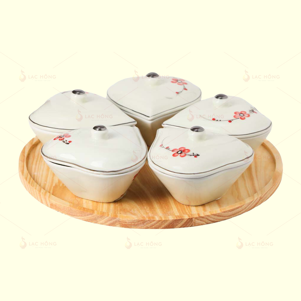 Bộ 5 Hũ Mứt Tim Hoa Đào Đỏ