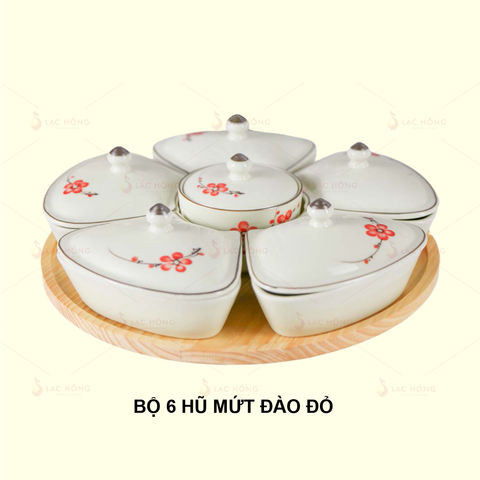  Bộ 6 Hũ Mứt Tim Hoa Đào Đỏ 