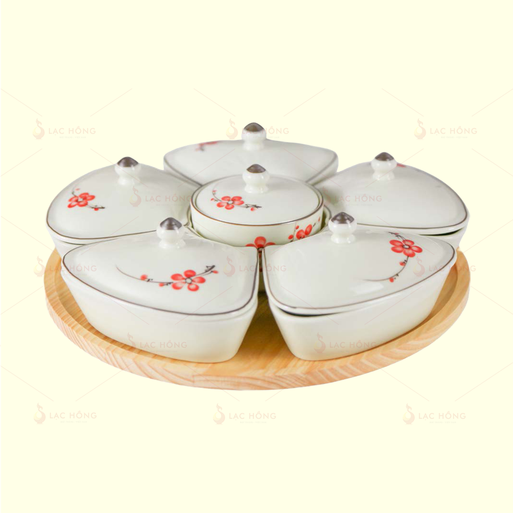 Bộ 6 Hũ Mứt Tim Hoa Đào Đỏ