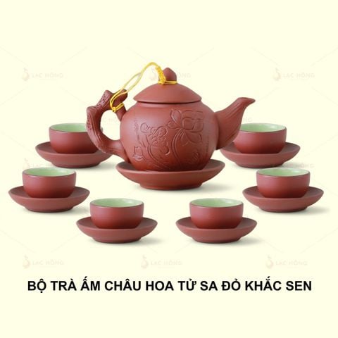  Bộ Trà Châu Hoa Tử Sa Đỏ Khắc Sen 
