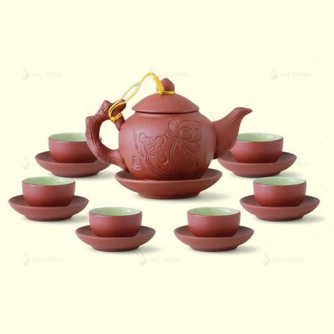  Bộ Trà Châu Hoa Tử Sa Đỏ Khắc Sen 