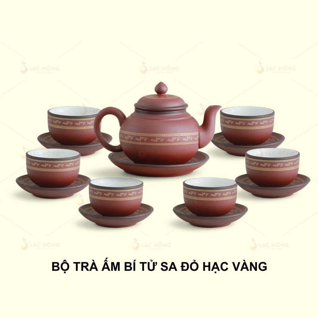 Bộ Trà Ấm Bí Tử Sa Đỏ Hạc Vàng
