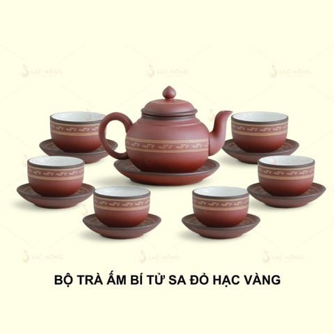  Bộ Trà Ấm Bí Tử Sa Đỏ Hạc Vàng 
