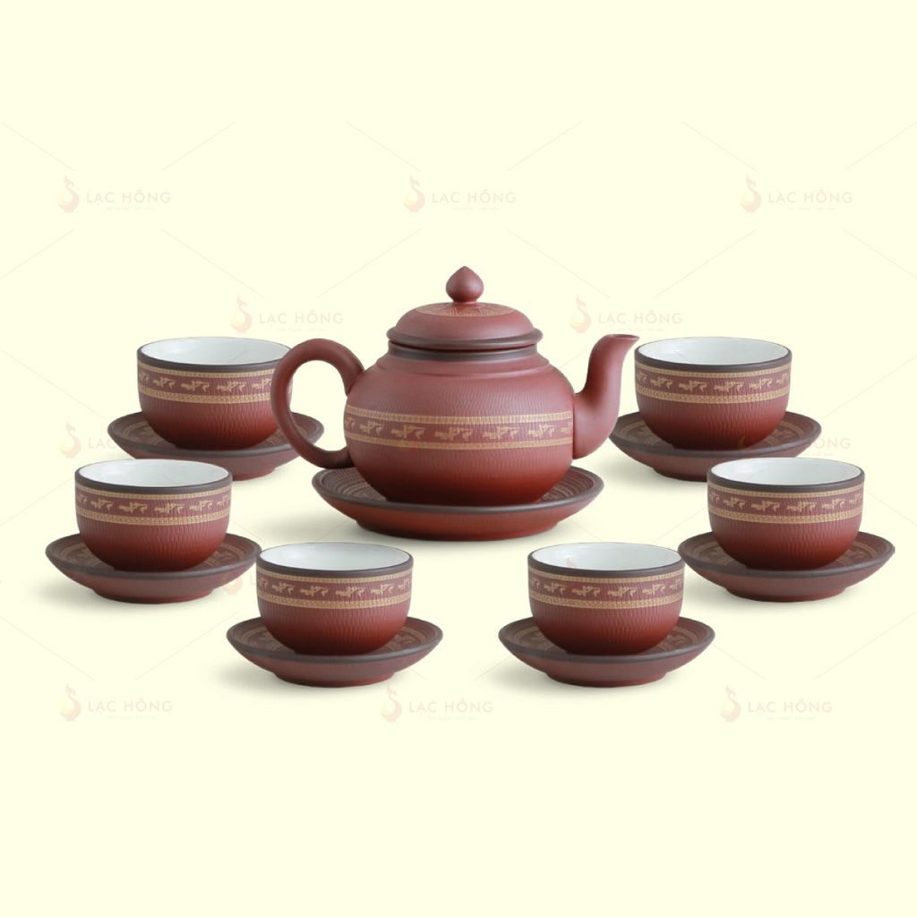 Bộ Trà Ấm Bí Tử Sa Đỏ Hạc Vàng