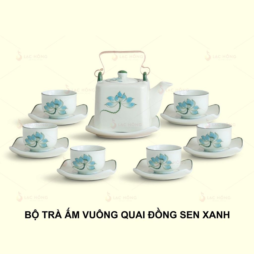 Bộ Trà Ấm Vuông Quai Đồng Hoa Sen Xanh