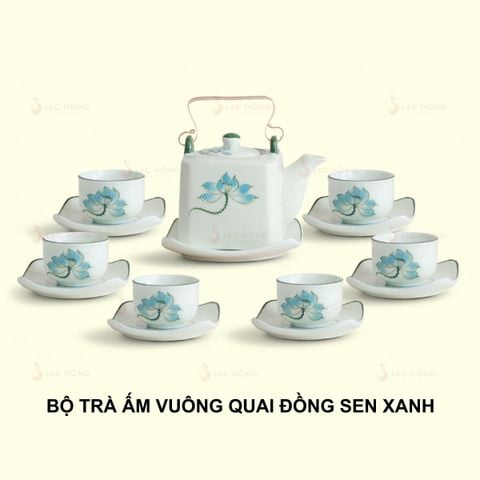  Bộ Trà Ấm Vuông Quai Đồng Hoa Sen Xanh 