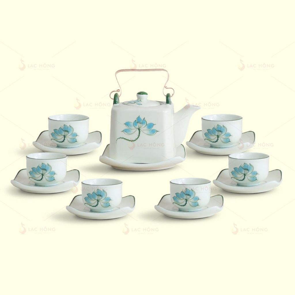 Bộ Trà Ấm Vuông Quai Đồng Hoa Sen Xanh