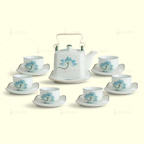  Bộ Trà Ấm Vuông Quai Đồng Hoa Sen Xanh 