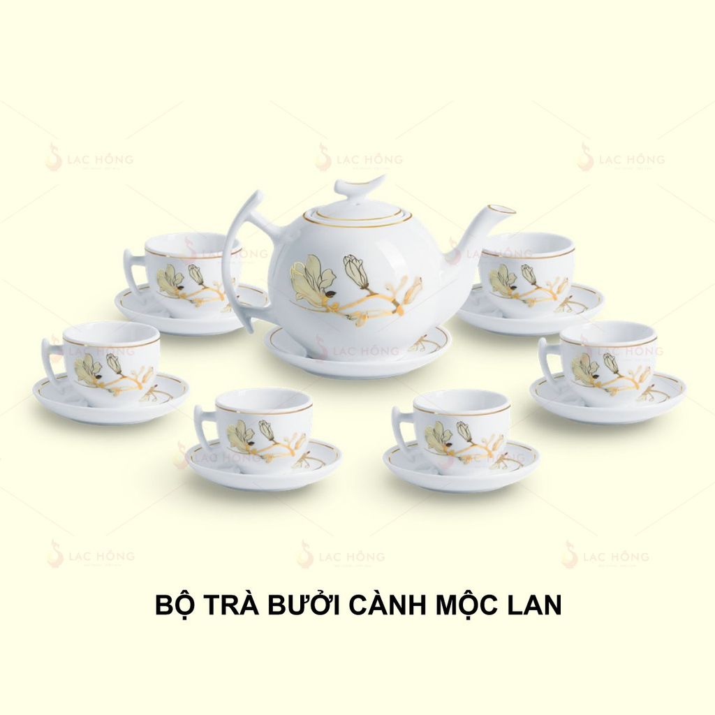 Bộ Trà Bưởi Cành Hoa Mộc Lan Kẻ Vàng