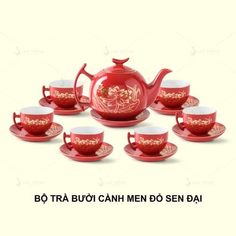  Bộ Trà Bưởi Cành Men Đỏ Sen Đại Kẻ Vàng 