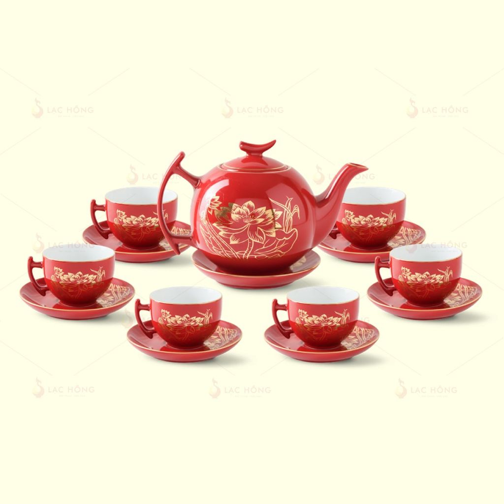 Bộ Trà Bưởi Cành Men Đỏ Sen Đại Kẻ Vàng