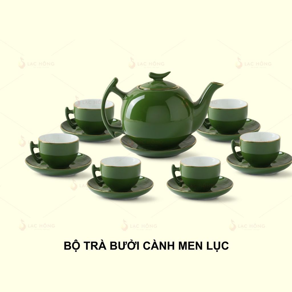 Bộ Trà Bưởi Cành Men Lục Kẻ Vàng