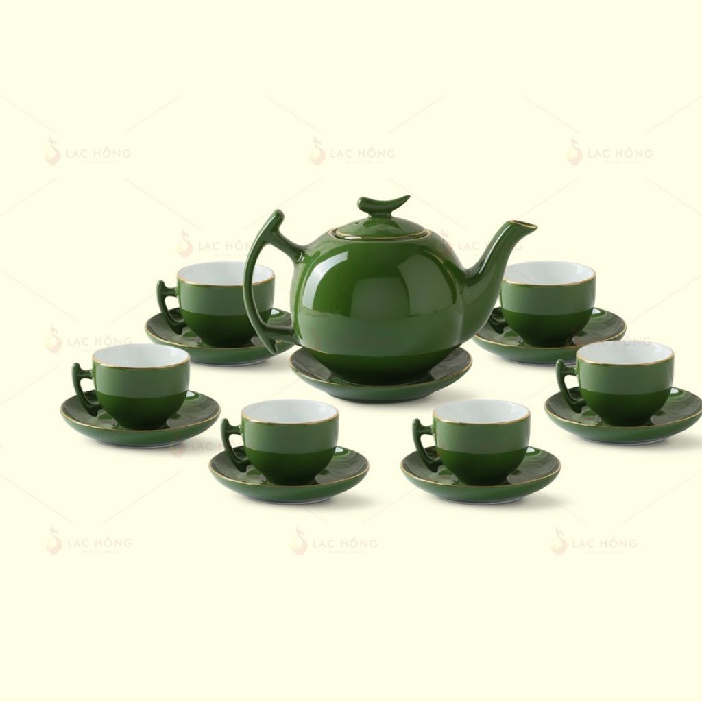 Bộ Trà Bưởi Cành Men Lục Kẻ Vàng