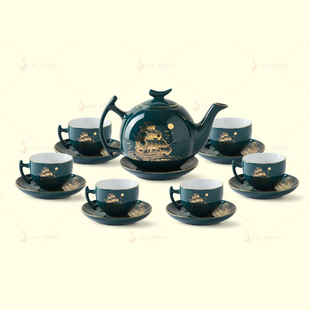 Bộ Trà Bưởi Cành Men Lam Thuận Buồm Kẻ Vàng