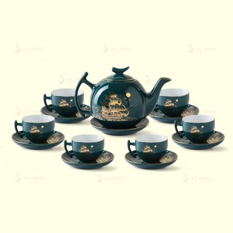  Bộ Trà Bưởi Cành Men Lam Thuận Buồm Kẻ Vàng 