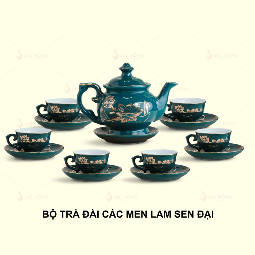 Bộ Trà Đài Các Men Lam Sen Đại Kẻ Vàng