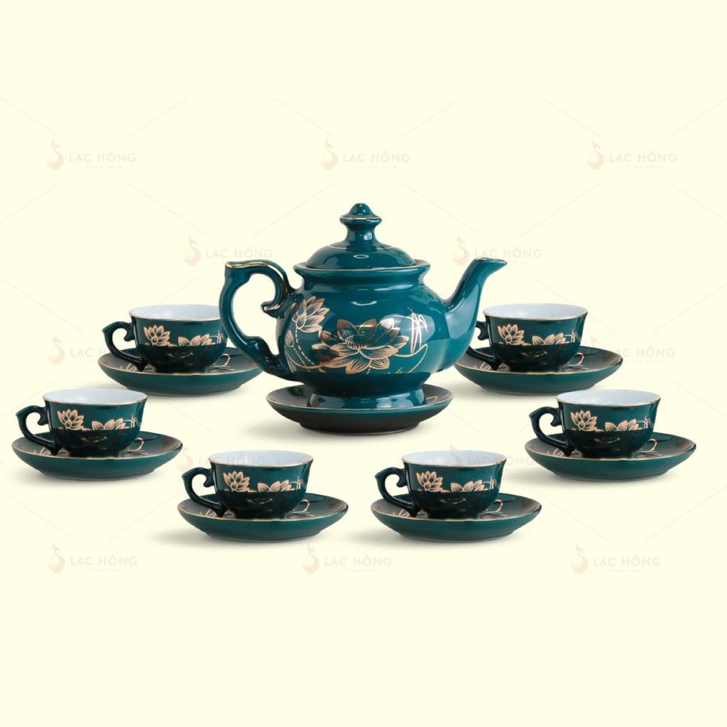 Bộ Trà Đài Các Men Lam Sen Đại Kẻ Vàng