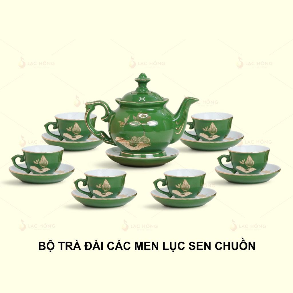 Bộ Trà Đài Các Men Lục Sen Chuồn Kẻ Vàng