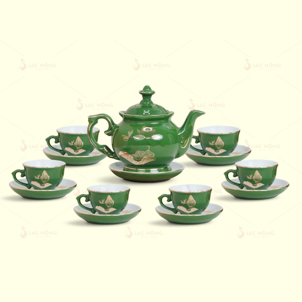 Bộ Trà Đài Các Men Lục Sen Chuồn Kẻ Vàng