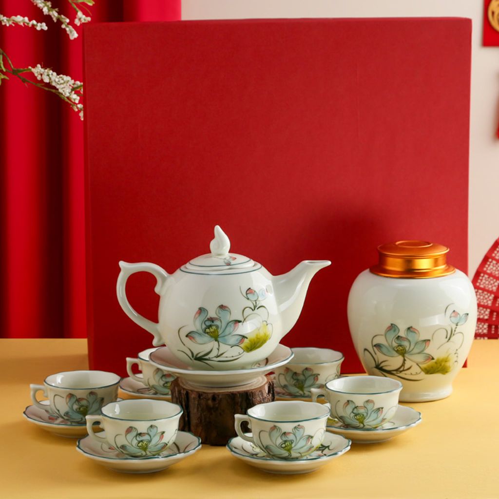 Bộ Trà Dáng Mẫu Đơn + Hũ Trà Vẽ Sen Xanh