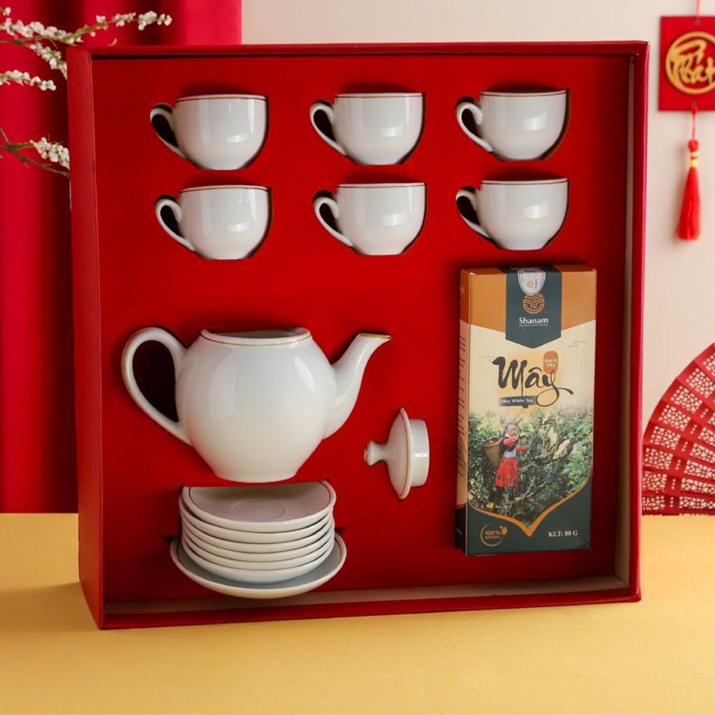 Bộ Trà Dáng Minh Long Kẻ Vàng + Hộp Trà Mây