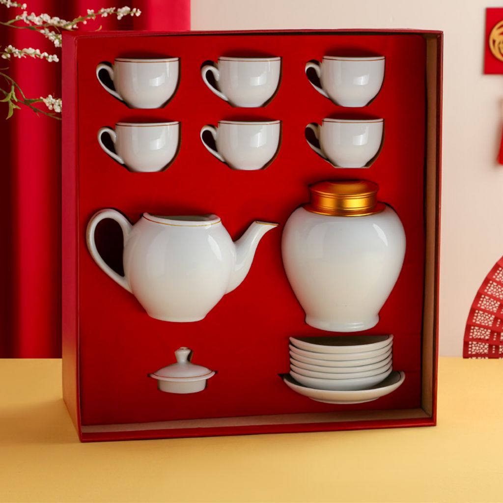 Bộ Trà Dáng Minh Long Kẻ Vàng + Hũ Trà Trắng