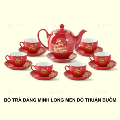  Bộ Trà Dáng Minh Long Men Đỏ Thuận Buồm Kẻ Vàng 
