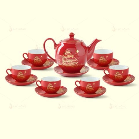 Bộ Trà Dáng Minh Long Men Đỏ Thuận Buồm Kẻ Vàng 