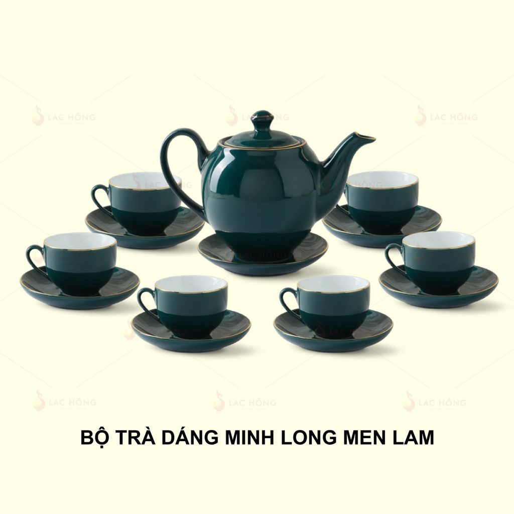 Bộ Trà Dáng Minh Long Men Lam Kẻ Vàng